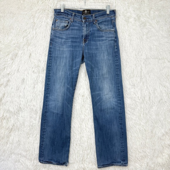 7 For All Mankind Austyn Jeans Mens 31 Blue Denim Medium Wash Straight Leg Faded - Picture 1 of 12